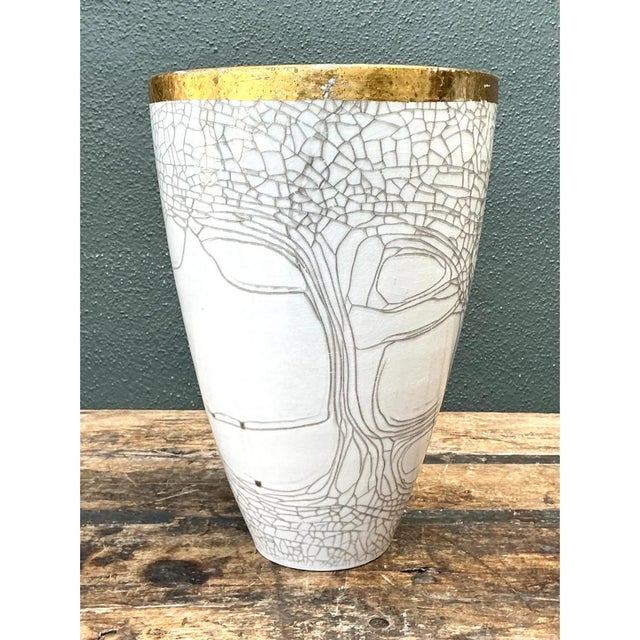 Vintage Italian Gold Rimmed Crackle Ceramic Vase For Sale - Image 4 of 12