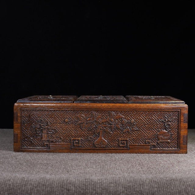 Vintage Chinese Huali Rosewood Carved "Antiques" Triple-Lidded Box Set For Sale In Los Angeles - Image 6 of 10