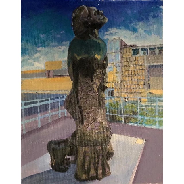 A painting that looks whose subject is a monumental public sculpture. The piece is by artist Huma Babha.