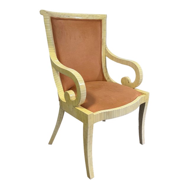 Vintage Tessellated Bone Lounge Arm Chair With Suede Upholstery Attributed to Enrique Garcel For Sale