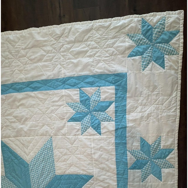 Vintage Handmade Quilted Turquoise and White Lone Star Quilt For Sale - Image 15 of 15