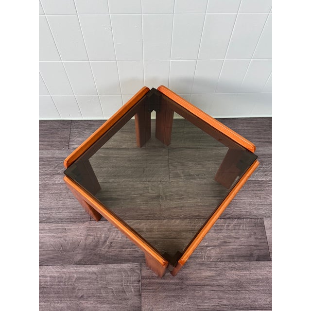 1970s Vintage Italian Coffee Table in Wood and Smoked Glass Top, 1970s For Sale - Image 5 of 11