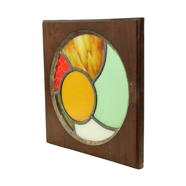 1950s Stained Leaded Glass Panel with Wooden Frame, 1950s For Sale - Image 5 of 15