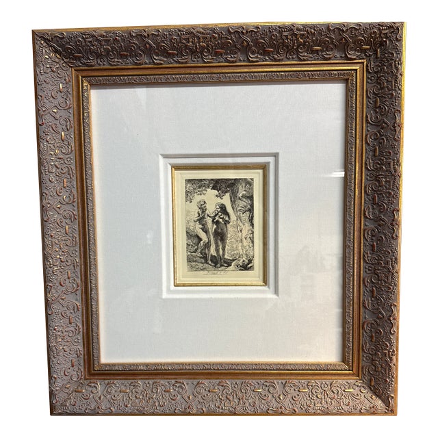 1980s Overview Framed Reproduction Print of the Famous Etching Adam and Eve by the Dutch Master Rembrandt Van Rijn. For Sale
