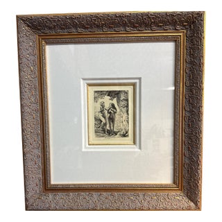 Rembrandt Van Rijn.Etching of Adam and Eve by the Dutch Master Framed Gold Frame With Linen Lining Mat For Sale
