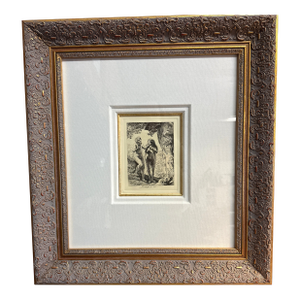 Rembrandt Van Rijn.Etching of Adam and Eve by the Dutch Master Framed Gold Frame With Linen Lining Mat
