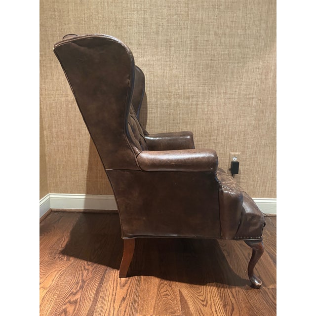 Queen Anne 17th Century Wingback Armchair With Tufted Back in Brown Leather For Sale - Image 3 of 3