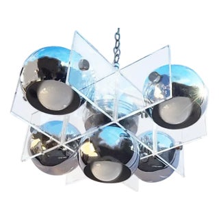 70s Chrome 5-Eyeball Lights Chandelier With Hashtag Lucite Frame Attributed to Riggiani For Sale