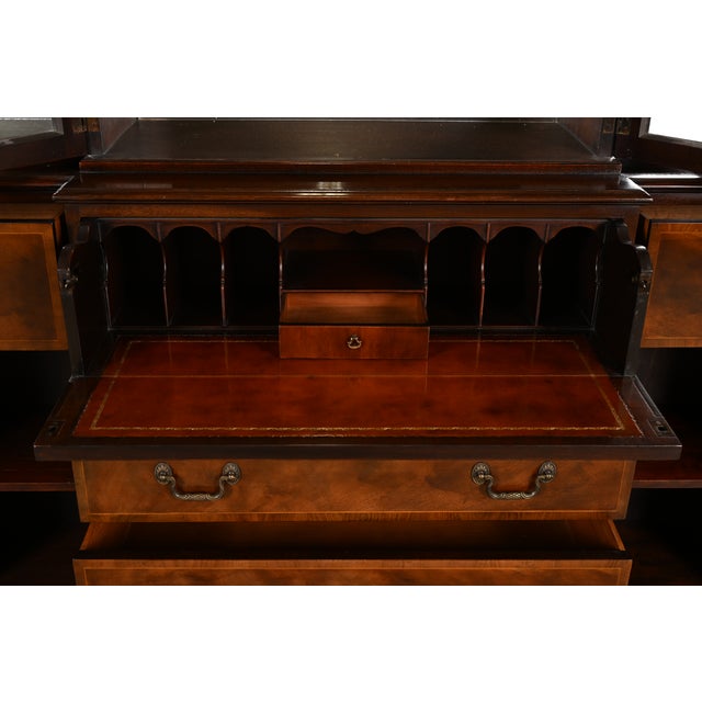 Baker Furniture Georgian Flame Mahogany Lighted Breakfront Bookcase Cabinet With Drop Front Secretary Desk, Circa 1960s For Sale In South Bend - Image 6 of 17