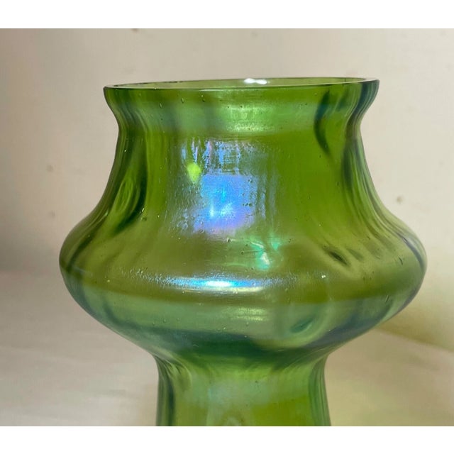 Antique Hand Blown Bohemian Loetz Aurene Iridescent Green Dimple Glass Vase For Sale - Image 12 of 15