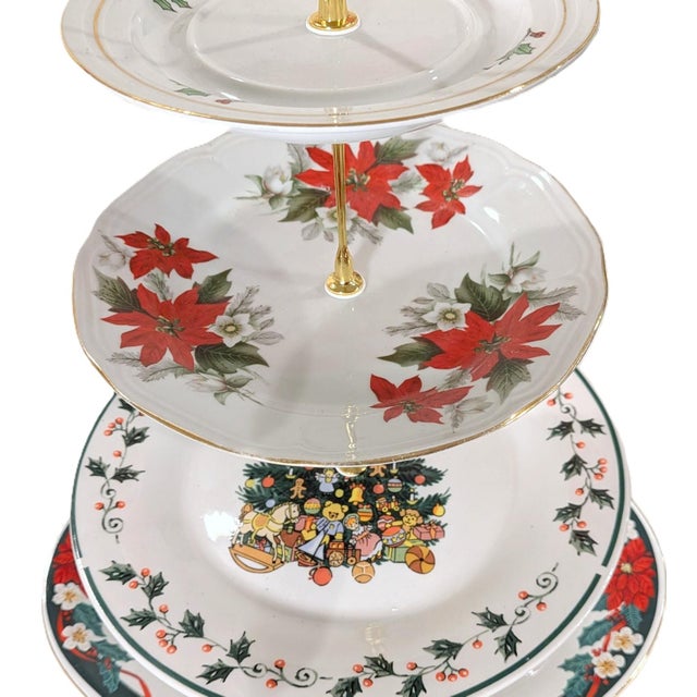 English Custom Four-Tier "Poinsettias & Holly" Christmas China Serving Stand For Sale - Image 3 of 4