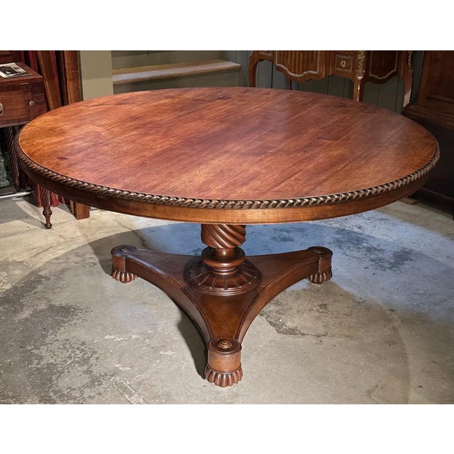 Early 20th Century Anglo Teak Center or Round Dining Table. Nice patina. Carved gadrooned edge. Stable and sturdy.