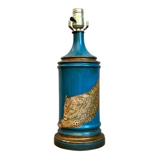 Vintage Blue and Gold Decoupage Leopard Lamp For Sale