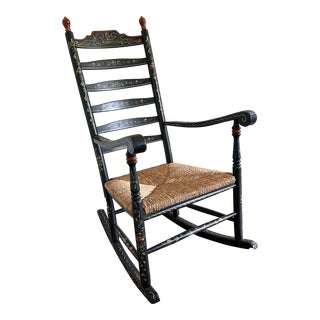 19th Century Antique Stenciled Ladder Back Rocking Chair With Rush Seat For Sale