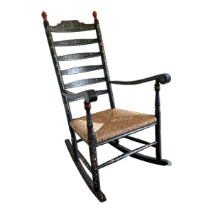 19th Century Antique Stenciled Ladder Back Rocking Chair With Rush Seat