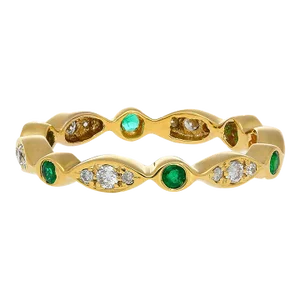 14k Gold Emerald and Lab Diamond Bezel Stacking 3mm Band Wave Ring Size 7.5