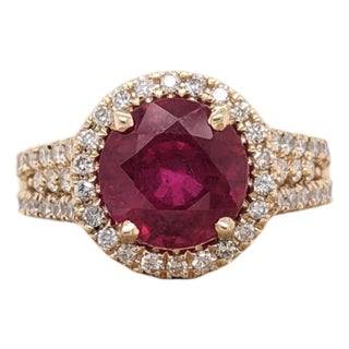 Ruby Ring With Earth Mined Diamonds Halo: Solid 14k Gold, Round 9mm, Size 6.75 For Sale