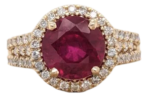 Ruby Ring With Earth Mined Diamonds Halo: Solid 14k Gold, Round 9mm, Size 6.75
