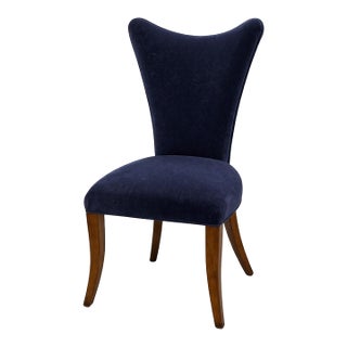 Late 20th Century Sculptural Navy Velvet Side Chair With Curved Wing Back and Cabriole Legs – Elegant Transitional Accent Seating For Sale