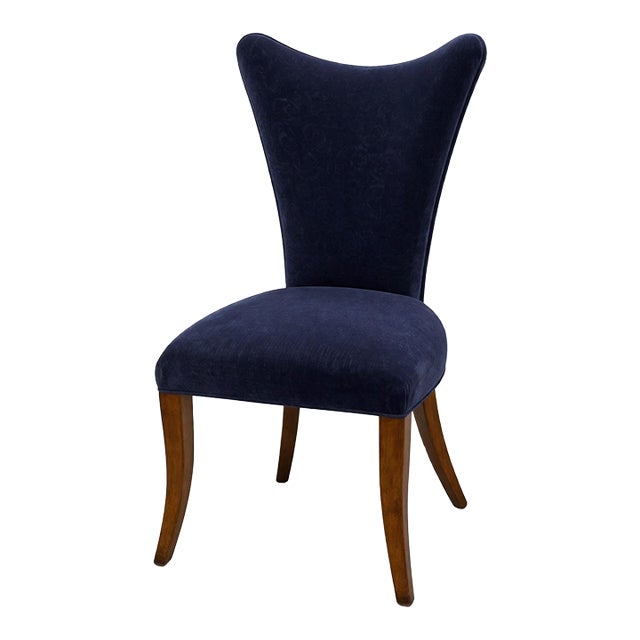 Late 20th Century Sculptural Navy Velvet Side Chair With Curved Wing Back and Cabriole Legs – Elegant Transitional Accent Seating For Sale
