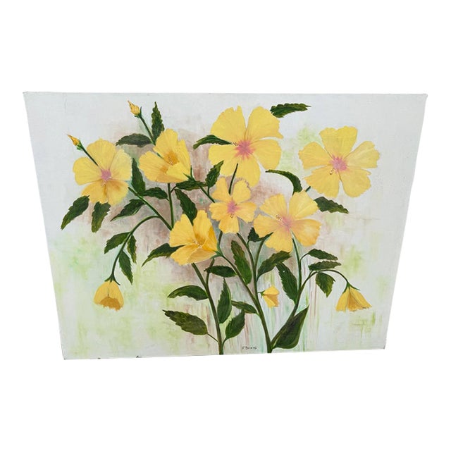 1980s Francis Downs Original Oil Painting of Yellow Hibiscus Flowers, 48” X 36” For Sale
