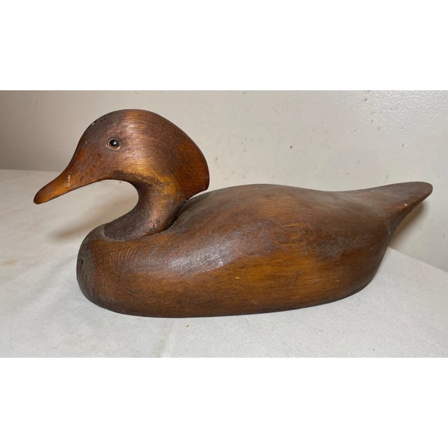 Folk Art Antique 20 Hel Hand Carved Wood Flat Bottom Folk Art Duck Decoy Sculpture Statue For Sale - Image 3 of 11