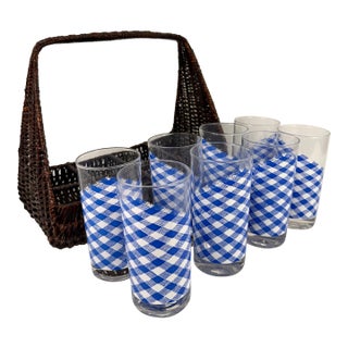 1970s Blue and White Americana Checked Glassware Set With Basket - 9 pcs For Sale