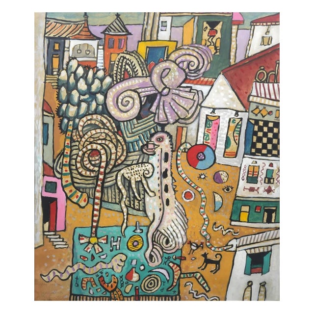 Alan Davie, Vibrant Alan Davie Scottish Colorful Surrealist British Pop Art Village Painting, 1982 For Sale - Image 4 of 14