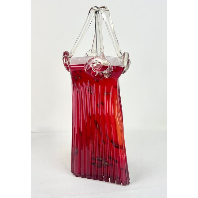 Glass Vintage Murano Style Ruby Red Art Glass Purse Vase With Clear Handle & Aventurine Flecks For Sale - Image 7 of 12