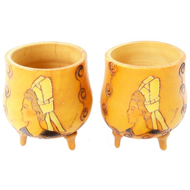 Early 20th Century Vintage French Breton Artisan-Made Wooden Mustard Condiment Jars, Signed, Pair For Sale - Image 5 of 8