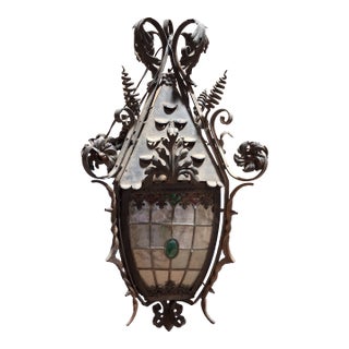19th Century French Gothic Revival Wrought Iron & Stained Glass Hanging Lantern For Sale