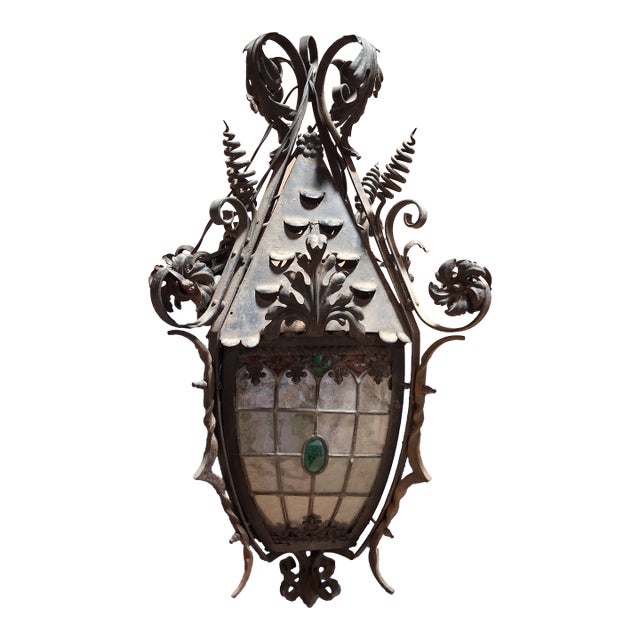19th Century French Gothic Revival Wrought Iron & Stained Glass Hanging Lantern For Sale