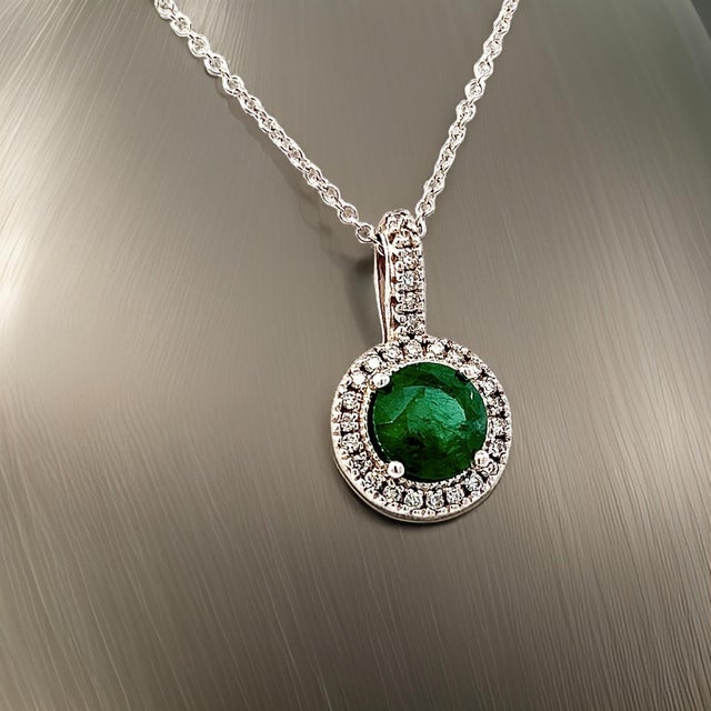 Natural Emerald Diamond Pendant Necklace 18" 14k W Gold 1.90 TCW Certified For Sale - Image 4 of 15