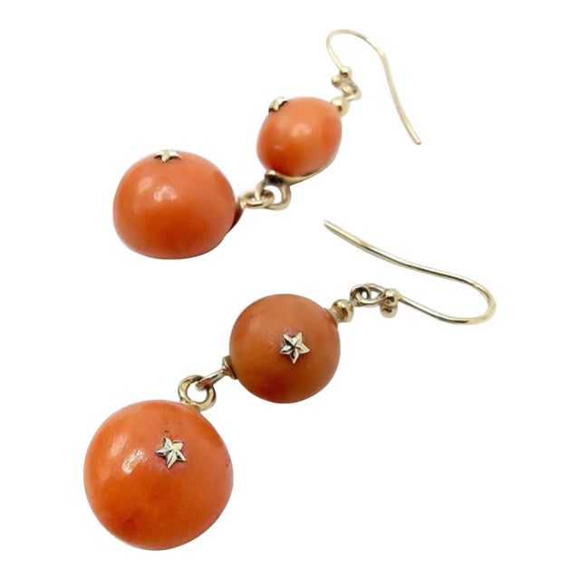 1870 Victorian 18K Gold French Coral Ball Dangle Earrings - 2 Pieces For Sale