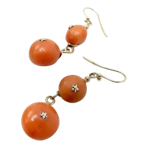 1870 Victorian 18K Gold French Coral Ball Dangle Earrings - 2 Pieces