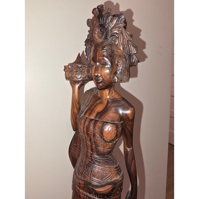 Wood Large 18.5" Mid-Century Two-Tone Macassar Ebony Balinese Offering Maiden Sculpture For Sale - Image 7 of 12