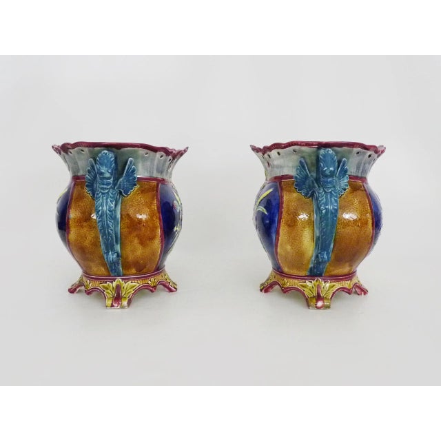 Ceramic Antique Art Nouveau Dragon Handle Planters in Barbotine, 1920s, Set of 2 For Sale - Image 7 of 11