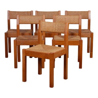 Vintage Elm and Straw Chairs, 1970, Set of 8 For Sale