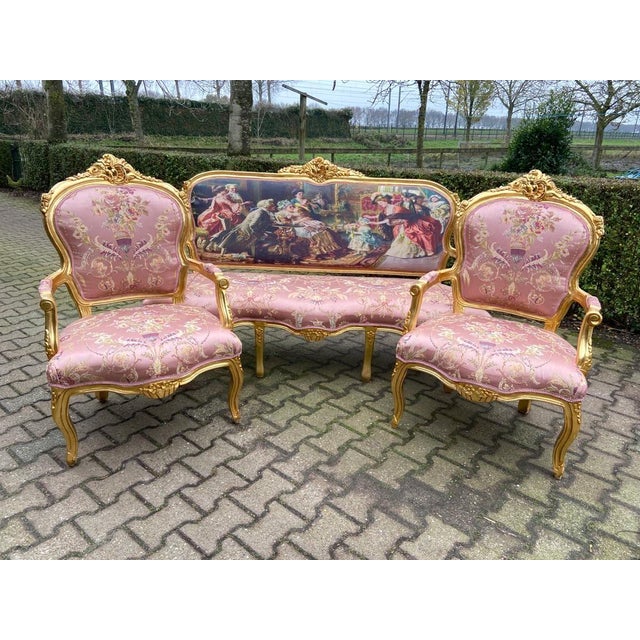 1960s French Artisan Louis XVI Pink Gilt Beech Sofa Set—3 Pc For Sale - Image 16 of 16