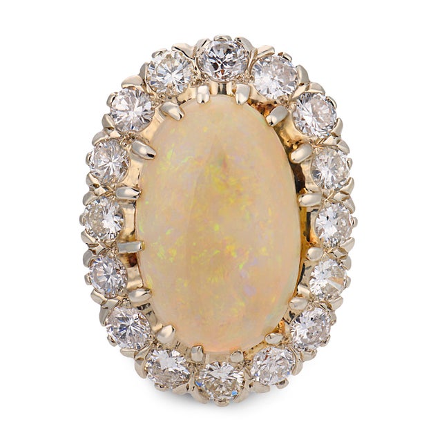 Contemporary Vintage Opal Diamond 14k Yellow Gold Silver Cluster Ring, Size 6.75 For Sale - Image 3 of 7