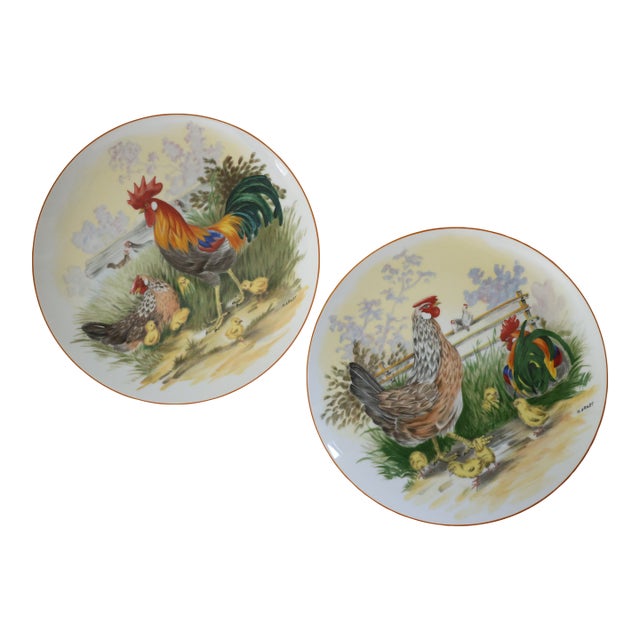 Vintage Royal Staffordshire Rooster & Hen Plates by H. Rajot – Set of 2 Hand-Painted Barnyard Wall Décor or Serving Plates For Sale