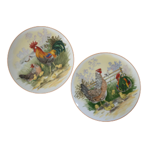 Vintage Royal Staffordshire Rooster & Hen Plates by H. Rajot – Set of 2 Hand-Painted Barnyard Wall Décor or Serving Plates