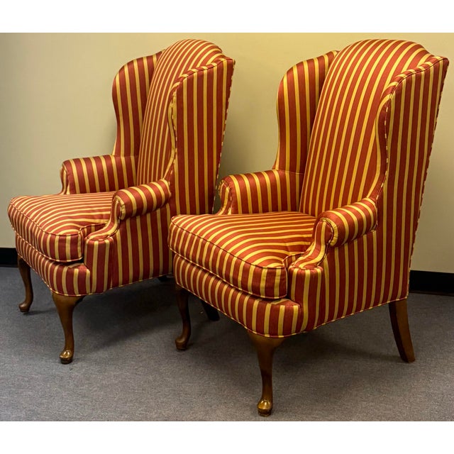 1990s Late 20th Century Striped Upholstered Wingback Chairs- A Pair For Sale - Image 5 of 12