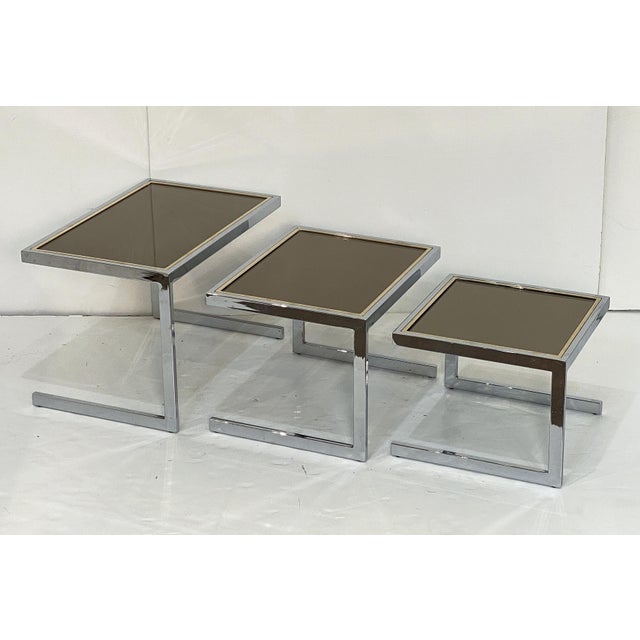 Set of Belgo Chrom Stacking or Nesting Tables of Chrome and Brass From Belgium For Sale - Image 9 of 12