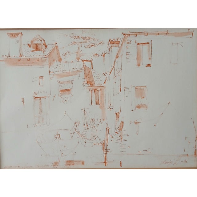 Italian Luigi Bosa Sepia Ink Drawing Venetian Gondolas 1961 For Sale - Image 3 of 9
