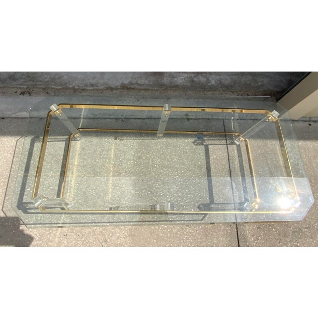 Charles Hollis Jones 1970s Hollywood Regency Brass and Glass Lucite Coffee Table For Sale - Image 4 of 5