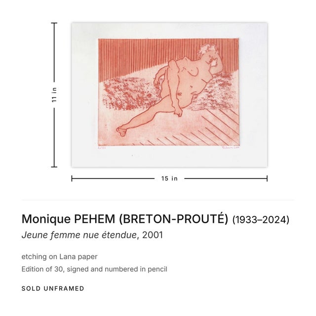 Contemporary 2001 Monique Pehem (Breton-Prouté) Jeune Femme Nue Étendue Signed Etching For Sale - Image 3 of 3