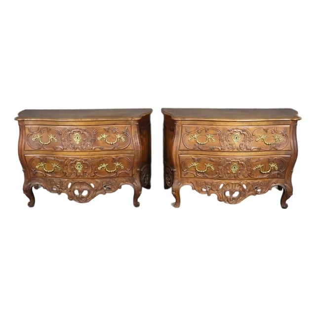 Pair of Antique French Walnut Bombe Commodes With Ormolu by Don Ruseau For Sale