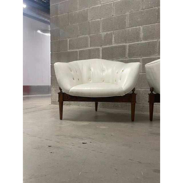 Global Views Art Deco Designed Walnut Stained Oak & White Buttoned Leather Club Chairs - A Pair For Sale - Image 4 of 6