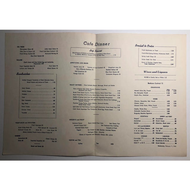 Wednesday, February 11, 1948 menu from New York's Barbizon Plaza Hotel Restaurant near Central Park on the Upper East...